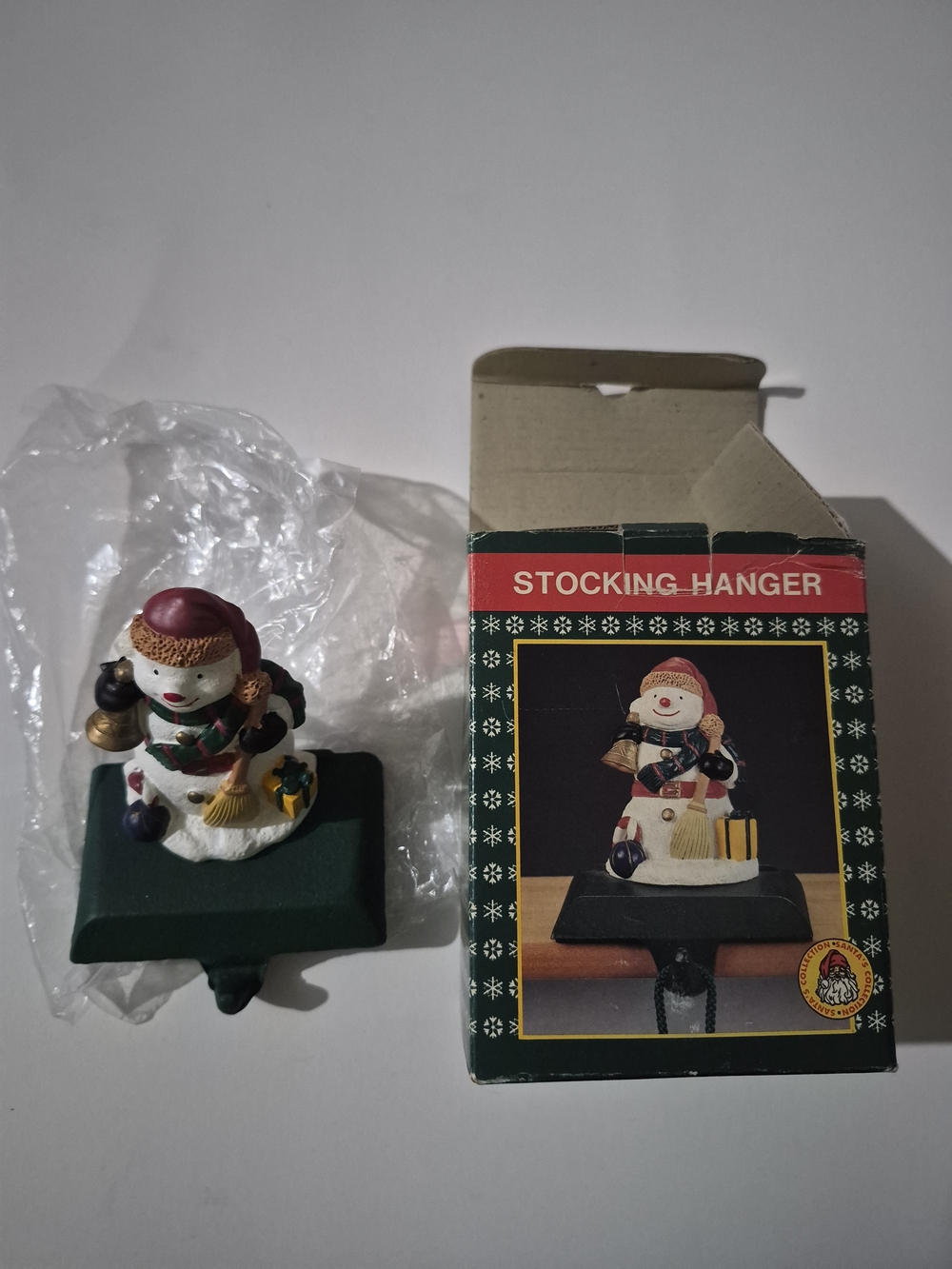 Vintage Holiday Snowman Stocking Hanger in Green & White